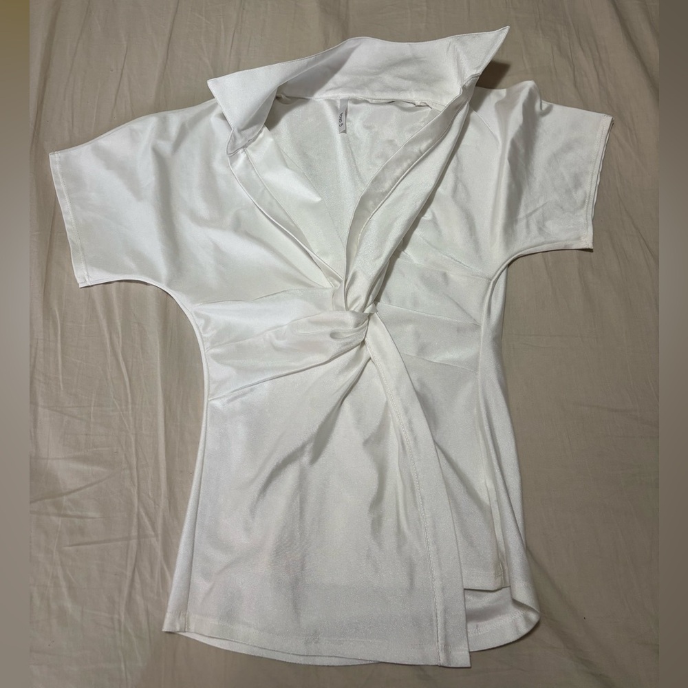 White Asymmetrical Tie Front Short Sleeve Shirt
